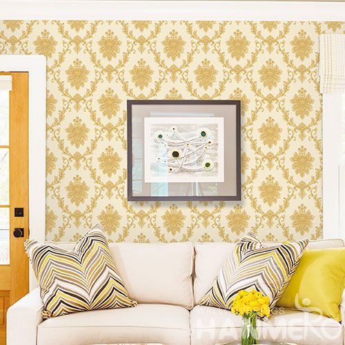 HANMERO Yellow Damask Classic Pattern High Quality Bed Room Natural Non-woven Wallpaper 0.53 * 10M Chinese Wallcovering Factory