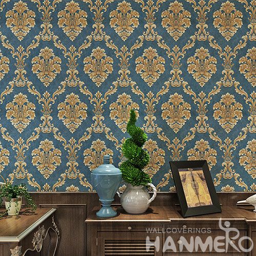 HANMERO Classic Fancy Blue Color Damask Design Wallpaper PVC 0.53 * 10M Embossed Technology  Home Decor Wallcovering