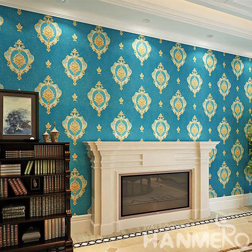 HANMERO PVC Sofa TV Background Decor Wallpaper European Cozy Style 0.53 * 10M Blue Color Wallcovering from China