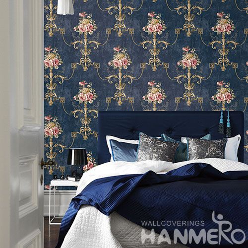 HANMERO Pastoral Non-woven Embroidery 0.53*10M Dark Blue Flower Wallpaper Supplier From China