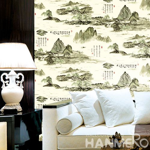 HANMERO Nature Beautiful Landscape PVC Wallpaper Chinese Words 0.53 * 10M Study Room Decor Wallcovering Best Selling