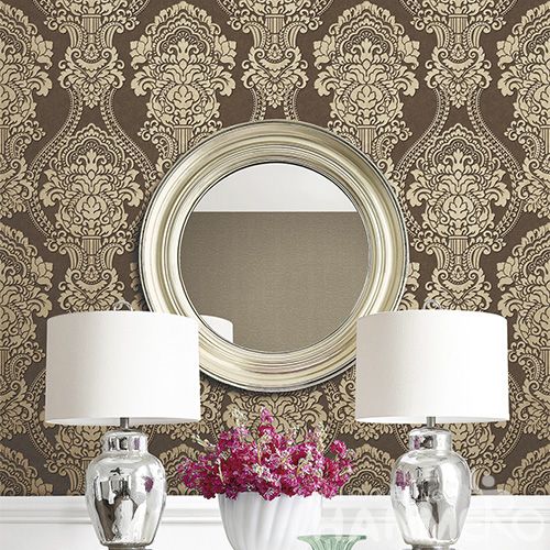 HANMERO New Arrival Eco-friendly Brown Color PVC Wallpaper Classic Damask Design for Elegant Home Study Room Decoration