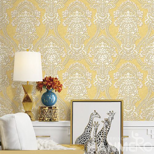HANMERO Affordable Cozy Yellow Color Damask Natural PVC Wallpaper Household Room Wallcovering Best Prices from Chinese Dealer