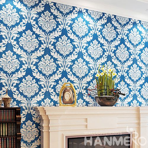 HANMERO Chinese Blue Color Classic Damask Embossed Wallpaper PVC Wallcvoering Factory Supplier With SGS CE Certificate