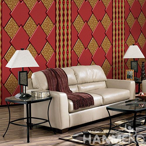HANMERO Newest Fancy Germetric Design Wallcovering Gloden Red Color 1.06M PVC Wallpaper for Hotel Nightclub Wall Decor Hot Selling