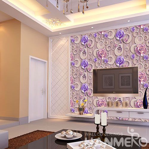 HANMERO Purple Floral Pattern High Quality Bed Room Natural 3D Wallpaper PVC 1.06M Modern Style Chinese Wallcovering Factory