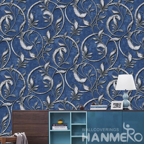 HANMERO PVC Blue Color Luxury Vines Design 0.53 * 10M Wallpaper European Classic Style from Chinese Wallcovering Seller
