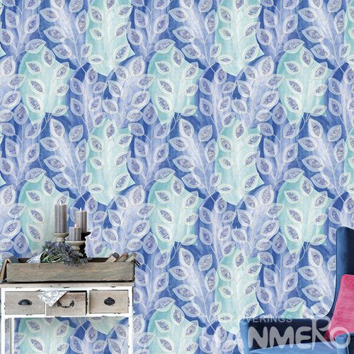 HANMERO European Style PVC 0.53 * 10M / Roll Wallpaper Blue Leaves Patterns Chinese Wallcovering Manufacturer
