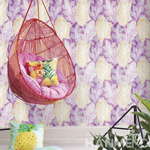 HANMERO Yellow Purple Color Fashion Leaves Design Wallcovering PVC 0.53 * 10M / Roll Children Room Decorative Wallpaper Wholesale