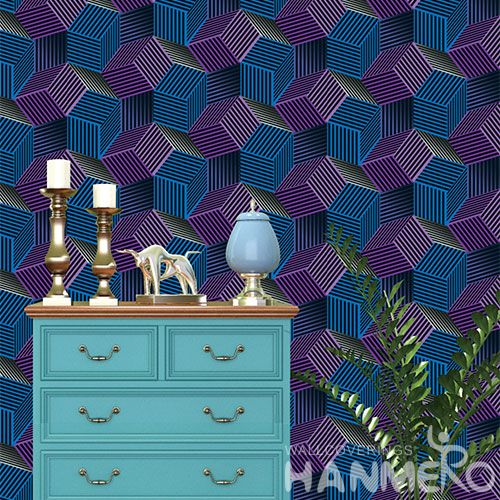 HANMERO Strippable Interior Room Decorating Wallpaper 0.53 * 10M / Roll 3D Blue Geometric Design PVC Wallcovering from Professional Supplier