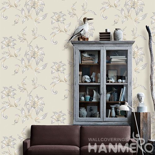 HANMERO Bed Room Wall Decoration Wallpaper Beige Color Fancy Floral Design PVC 0.53 * 10M China Wallcovering at Wholesaler Prices