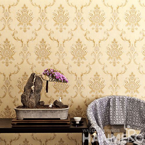 HANMERO Beige Damask Classic Pattern High Quality Bed Room Natural PVC Wallpaper 0.53 * 10M Chinese Wallcovering Factory