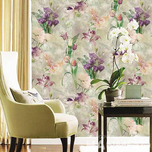 HANMERO Purple Nice Floral Pattern High Quality Bed Room Natural Non-woven Elegant Wallpaper 0.53 * 10M Chinese Wallcovering Factory