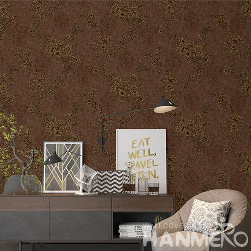 HANMERO PVC Vinyl Brown Floral Pattern Wallpaper TV Sofa Background Classic Style Chinese Wallcovering Supplier