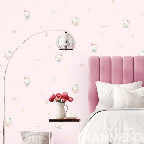HANMERO CE certificate Economical Hello Kitty Carton Design Wallpaper Non-woven 0.53 * 10M Kids Bedroom Decoration Wallcovering