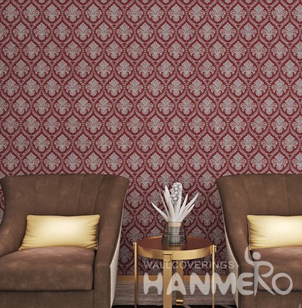 HANMERO PVC Burgundy European Style Floral Embossed Wallpaper For Room