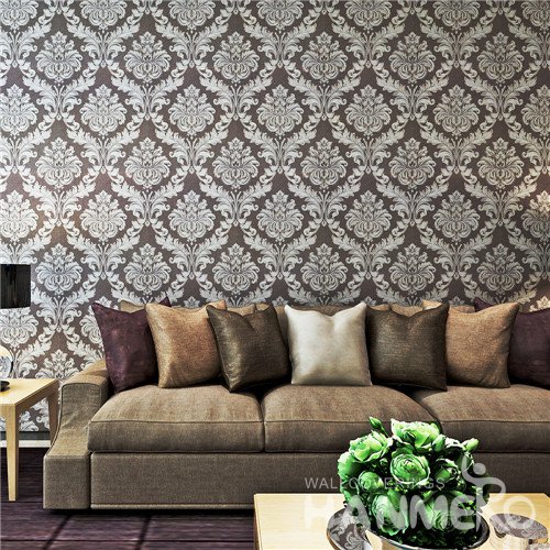 HANMERO Brown and White Damascus Style Vinyl Living Room Wallpaper