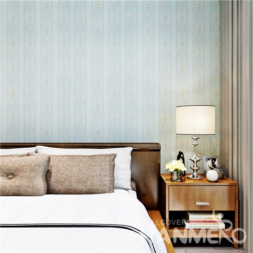 HANMERO Light Blue Simple Stripe And Floral Vinyl Coated Wallpaper