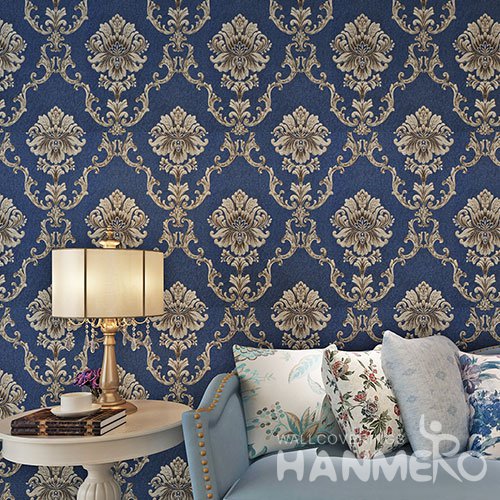 HANMERO Victoria Blue European Floral Bedding Room PVC Wallpaper Embossed