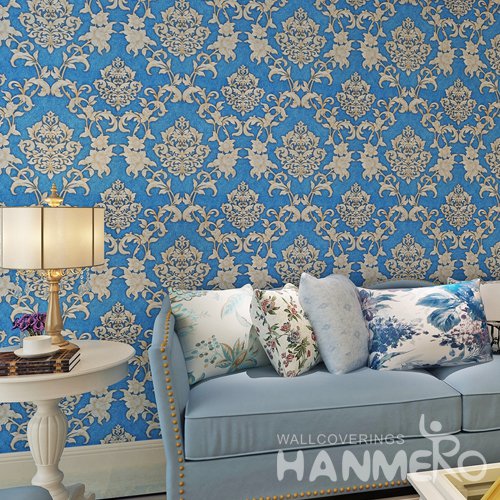 HANMERO Royal Blue European Golden Floral Vinyl Wallpaper With Embossed