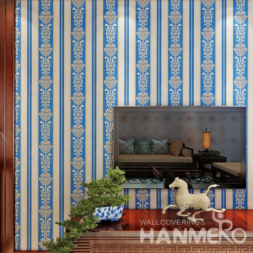 HANMERO PVC Embossed Stripe And Flower Royal Blue Bedding Room Wallpaper