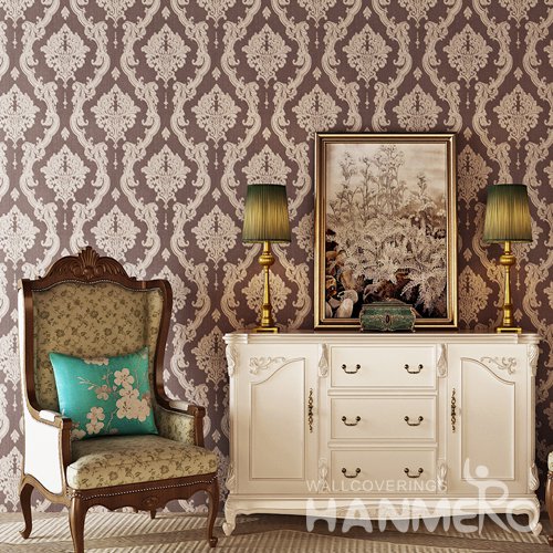 HANMERO Deep Brown European Floral PVC Bedding Room Embossed Wallpaper