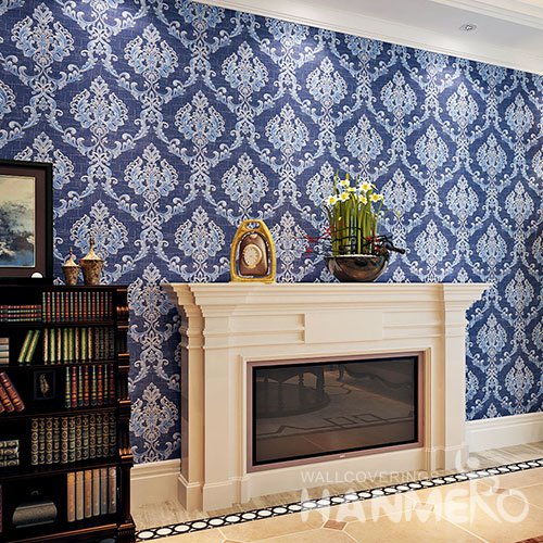 HANMERO Royal Blue Embossed European Style PVC Wallpaper With Flowers