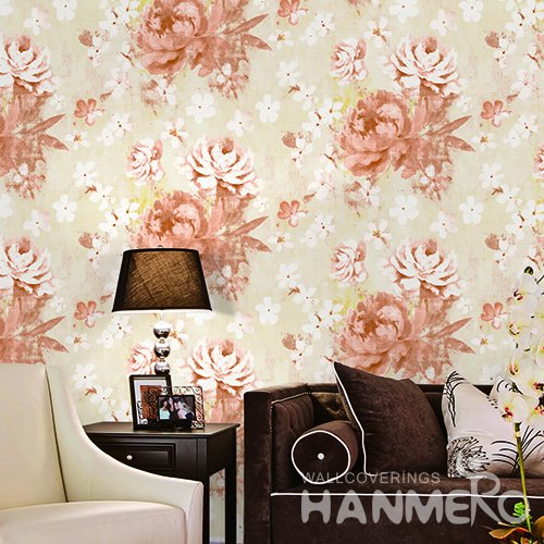 HANMERO China Orange Floral Printed Vinyl Wallpaper 0.53*10M/Roll For Room Decoration