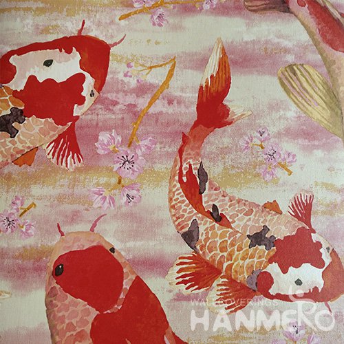 HANMERO Chinese Style Fish Red PVC Inhibit Foaming Wallpaper Decoration For Wall