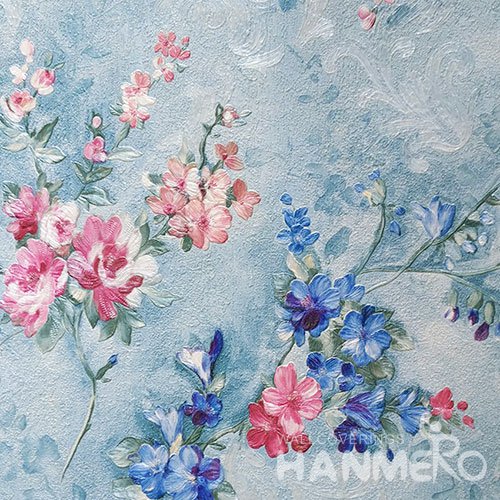 HANMERO Brand New Italian Design Rustic PVC Embossed Blue Floral Home Wallpaper