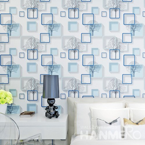 HANMERO Embossed Modern 3D Geometric White And Blue PVC Wallpaper For Home Interior Decoration